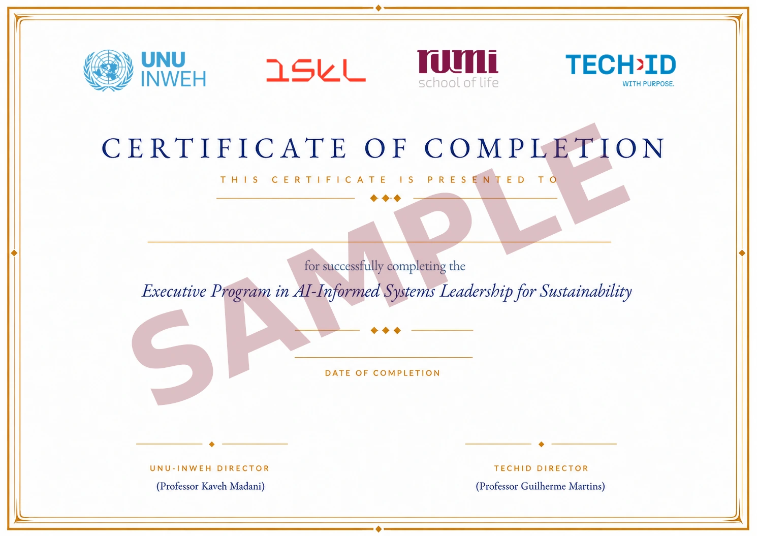 Official UNU course certificate design with a SAMPLE watermark, blank recipient and completion date, and no signatures.